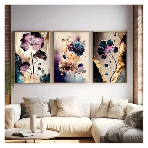 Tableau déco nature salon grand format 50x70 triptyque fleurs violet - 3