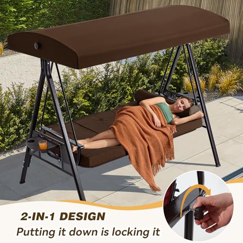 Image of 3 in 1 Outdoor Porch Swing with Canopy, 3 Seat Outdoor Swing for Adults, Patio Swing Chair with Thickened Cushions,Pillows & Cup Holders for Backyard, Porch, Garden (Brown)