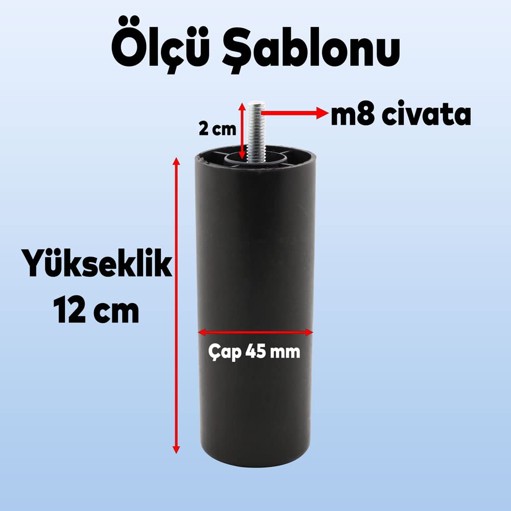 Badem10 Mobilya Kanepe Baza Sehpa TV Ünitesi Koltuk Ayak Yükseltici Orta Destek Ayağı 12 cm Siyah 8 (ADET)