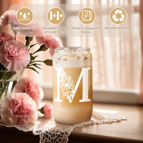 Coolife Initial Glass Cup, Monogrammed Gifts for Women, 16 oz Glass Cups w/Lids Straws, Iced Coffee Smoothie Beer Tumbler w/Straw Lid - Personalized Mothers Day, Birthday Gifts for Her Mom Friend - Image 3