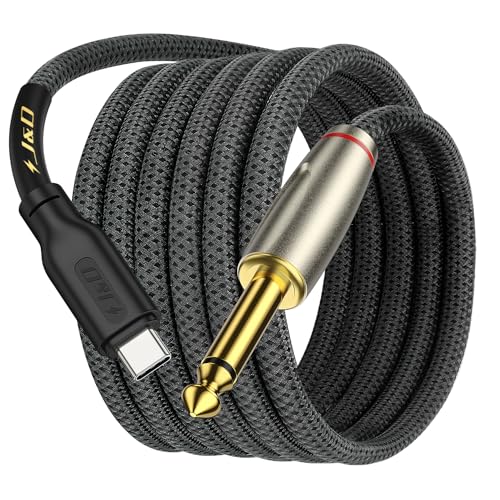 J&D USB Type C to 6.35mm 1/4 inch TS Male Audio Mono Interconnect Aux Adapter Cable Compatible with iPhone 15/16 Series Gold Plated Braided Audio Cable, 6.6 Feet