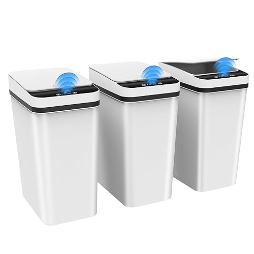 Paquete de 3 cubos de basura automáticos pequeños con tapa, cubo de basura sin contacto de 2.5 galones, cubo de basura inteligente con sensor de