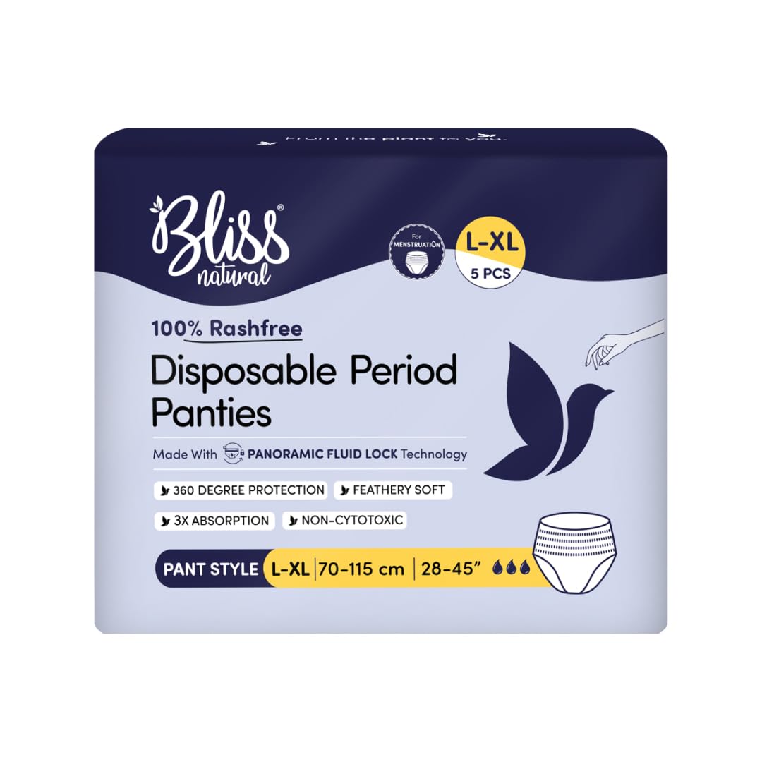 BLISSNATURAL Disposable Peroid Panties for Women Pack of 5 (L-XL) | Pull-up Pant Waist Size 28”-45”| Easy to wear and remove Panties for all night protection | Feathery Soft Peroid Panities with 360 Degree Protection