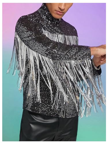 Men's Fringe Trim Jackets Zip Up Long Sleeve Sequin Regular Fit Spring Fall Coats3