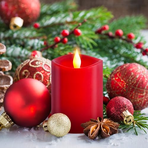 Image of 3x4 Flickering Flameless Candles,Real Wax Pillar led Candles Flickering,with Timer,4 inch Flameless Candles with Remote,for Party Wedding Holiday Home Decor,Red