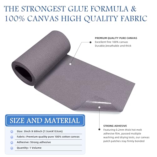 Image of KING MOUNTAIN Canvas Iron on Patch,3 inchx60 inch,Waterproof 100% Cotton Fabric Repair Patch,Used for Various Sofa,Tent,Clothes,Seats,Suitcases (Gray)