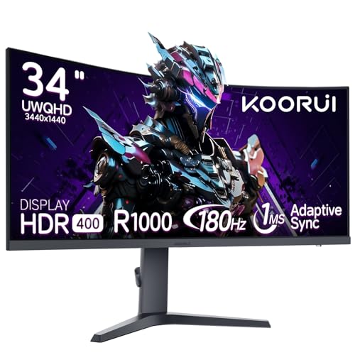KOORUI 34 Inch Curved Gaming Monitor WQHD 180Hz 1MS HDR400 1000R Curvature Height Adjustable Adaptive Sync DP HDMI 34E6UC