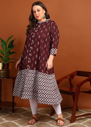 Image of Yash Gallery Women's Cotton Relaxed Fit A Line Rayon & Cambric Zig-Zag Printed A-Line Kurta