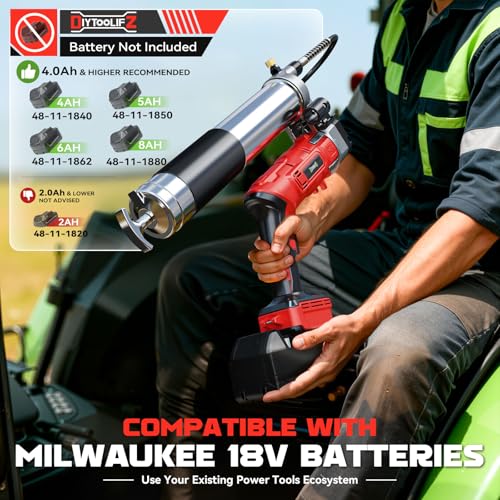 Image of DIYtoolifz Cordless Grease Gun Compatible with Milwaukee 18V Battery, 12000PSI High-Pressure with 2-in-1 Rotating Handle, 39.4 inch Hose & 4 Couplers for Bulk & Cartridge Grease (Tool Only)