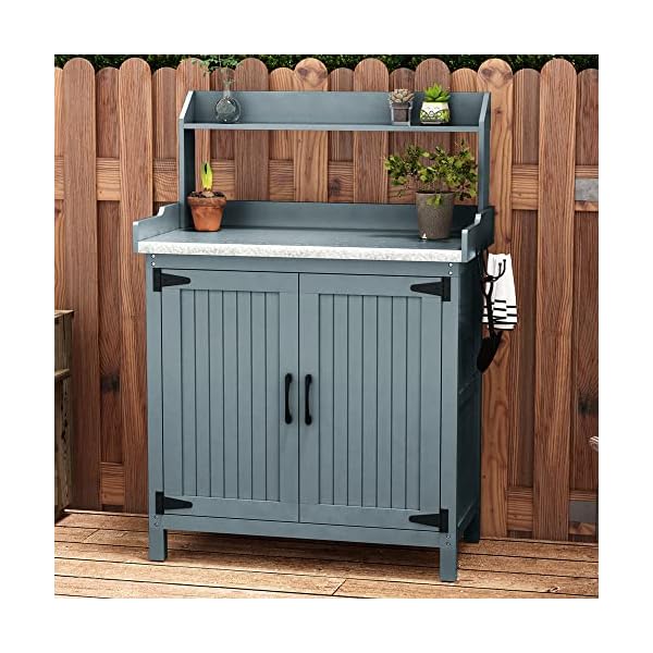 ARTPOWER Outdoor Potting Bench Table, Wooden Potting Work Bench with Storage Cabinet and Galvanized Steel Tabletop, Pine Wood Potting Table for Indoor/Outdoor Garden Patio