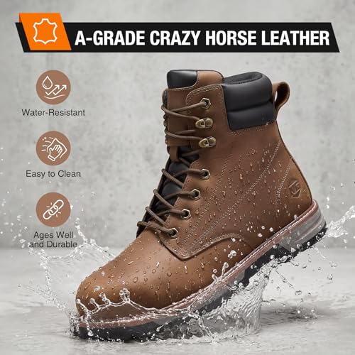 Image of NINGO Steel Toe Work Boots for Men, Water Resistant Crazy Horse Leather | Comfortable Lightweight Non Slip Work Shoes, EH Protection Steel Toe Boots, Arch Support, Construction Industrial Warehouse