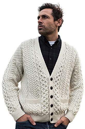 Men's Merino Wool Irish V-Neck Knit Cardigan (Large, Merino White)