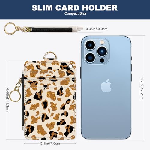 Slim Wallet Credit Card Holder, Brown Leopard Print, RFID Wallet Women Cute Small Front Pocket Wallet With Zipper, PU Leather Thin travel RFID Blocking Card Case ID Window,Ladies Gifts3