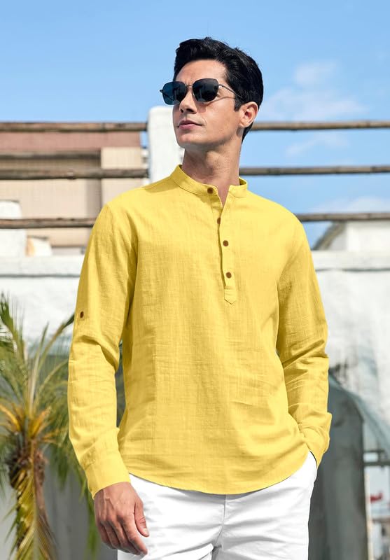 Image of FINIVO FASHION Men's Cotton Polyester Blend Solid Regular Fit Full Sleeve Short Kurta