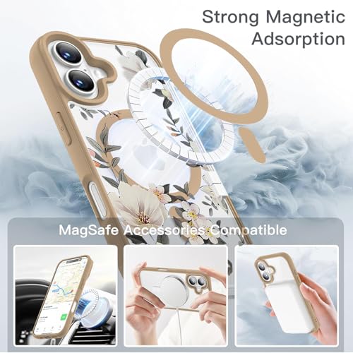Image of VONZEE Compatible with iPhone 16 Case Luxury Retro Flowers Floral Clear for Magnetic Wireless Charging Case Shockproof Case PC+TPU Cute Glossy Shiny Cover for Girls Women, 6.1'' Desert Titanium