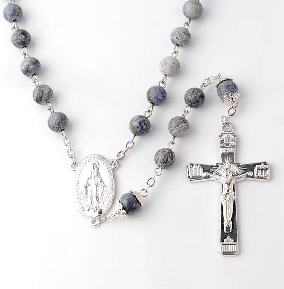 Blessed Catholic Rosary with Blue Dumortierite Stone Beads, Silver Crucifix and Miracle Medal, Religious Prayer Beads