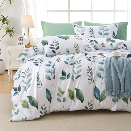 Image of MUXHOMO Grey Green Foliage Full Comforter Set, Elegant Floral Print Bed in a Bag 7 Pieces, Soft & Breathable Reversible Botanical Pattern Bedding Set with Comforter, Sheets, Pillowcases, and Shams