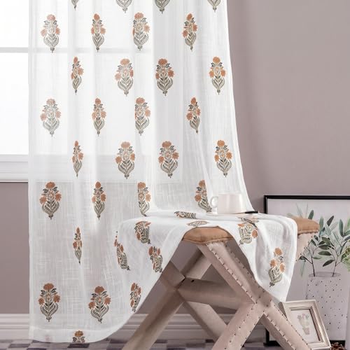 Image of LINENWALAS Decorative Cotton Linen Sheer Curtains 6 Feet for Window -Block Printed Door Curtain | Grommet Hanging Style Pack of 2 Panels |Light Filtering Sheer Drapes (Sandstone Floral)