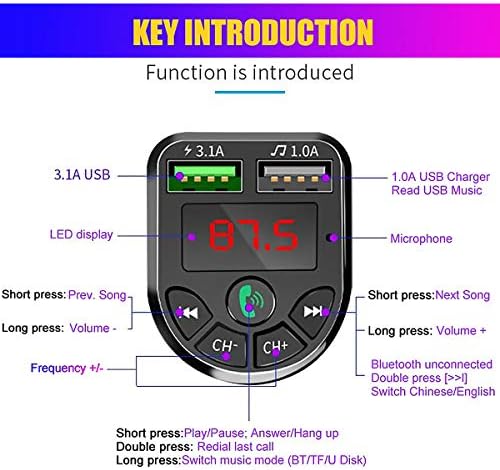 Bluetooth FM Transmitter, Car Radio Audio Adapter Bluetooth MP3 Player Handsfree Calling, Dual USB Port 5V - 3.1A Fast Car Charger for Music/TF Card/U Disk Playback MP3Black