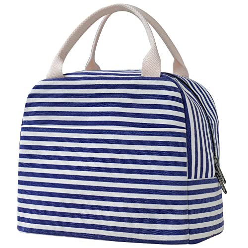 EurCross Blue and White Stripes Lunch Bag Women,Cooler Tote Bag Insulated Lunch Bento Box Bag, Canvas Portable Tote Thermal Bag for Adult Women and...