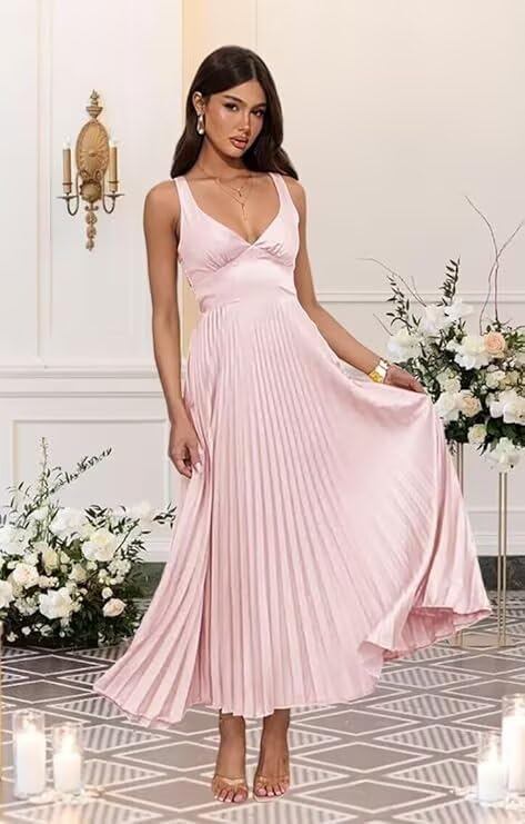 Women's Satin Bridesmaid Dresses for Wedding Tea Length V Neck Formal Evening Party Dress2