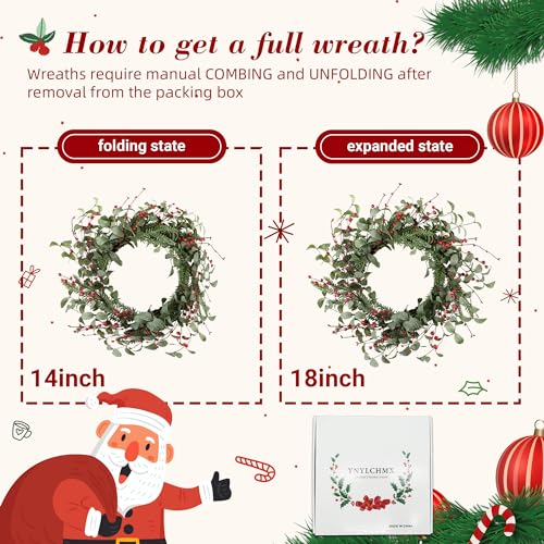 Image of YNYLCHMX 18 Inch Christmas Wreath for Front Door, Winter Wreath with Eucalyptus Leaves Red Berry Pine Needle, Artificial Door Xmas Wreaths for Indoor Outdoor Window Farmhouse Decoration