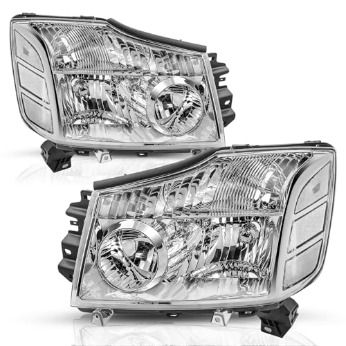 TUSDAR Headlight Assembly Compatible with 2004-2015 Nissan Titan / 2005-2007 Armada Halogen Headlamp Left and Right side (Chrome Housing with Clear Reflector)