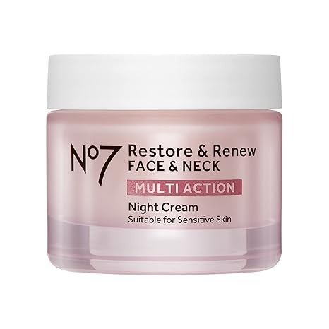 No7 Restore & Renew Multi Action Night Cream for Face & Neck - Nighttime Face Moisturizer with Collagen Peptides - Anti Aging Skin Care for Crepey Skin with Hyaluronic Acid & Ceramides (1.69 Oz)