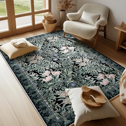 Image of Washable Area Rugs 4x6 Black Green Vintage Floral Botanical Pattern,Perfect for Living Room, Bedroom, Kids Room, Nursery - Stain & Water Resistant Non-Slip, Pet & Child Friendly /Bedroom Decor