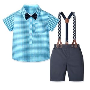 Yilaku Baby Boys Dress Clothes Formal Wedding Outfits Suspender + Bow Tie + Shirt + Pants 4Piece Infant Gentleman Suits