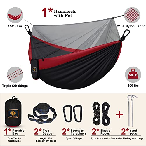 Image of Camping Hammock with Net,Travel Portable Lightweight Hammocks with Tree Straps and Solid D-Shape Carabiners,Parachute Nylon Hammock for Outsides Backpacking Beach Backyard Patio Hiking