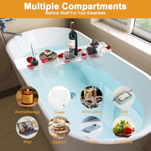 Verstellbares Bad Tray, erweiterbares Bad Rack für über das Bad (56-81cm), Rutschfestes Bad Board mit Ablauflöchern, Bad Caddy Tray für Bücher und iPad, Badezimmer Organizer für Entspannung