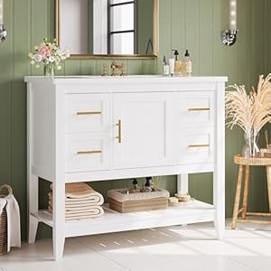 IRONCK Bathroom Vanity with Sink, 36″ Modern Undermount Bathroom Sink Cabinet with 4 Drawers&Open Shelf, Vanity Sink with Charging Station and Door Shelves, White