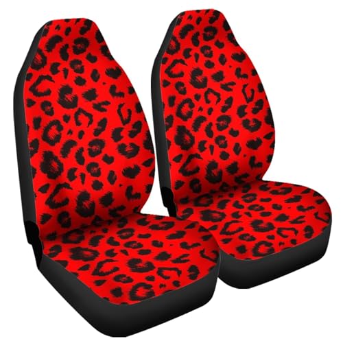 Image of Universal Fit Waterproof Car Seat Covers Set of 2 Front Seats Only, Red Leopard Print Vehicle Seat Protector, Fashion Cheetah Design