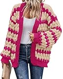 KIRUNDO Womens Cardigans Cute Color Block Stripe Long Sleeve Chunky Cable Knit Sweater Outwear Trending Clothes for Women 2025 Hot Pink Outfits(Rose Red, X-Large)