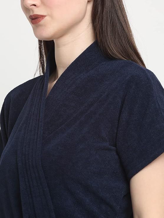 Image of Premium Micro Terry Half Sleeve Free Size Unisex Adult Bathrobe with Front Pocket - Navy Blue