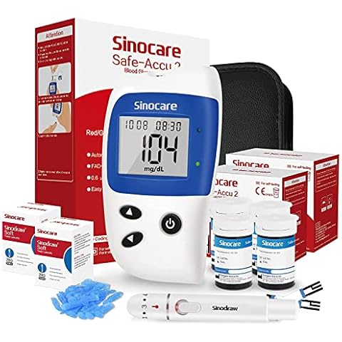 sinocare Safe Accu2 Blutzuckermessgerät, Diabetes Messgerät mit Blutzuckerteststreifen x 100 und Blutlanzetten x 100, Schmerzfrei & Schnell, Blutzucker-Alarm Lampe, mg/dL Cover
