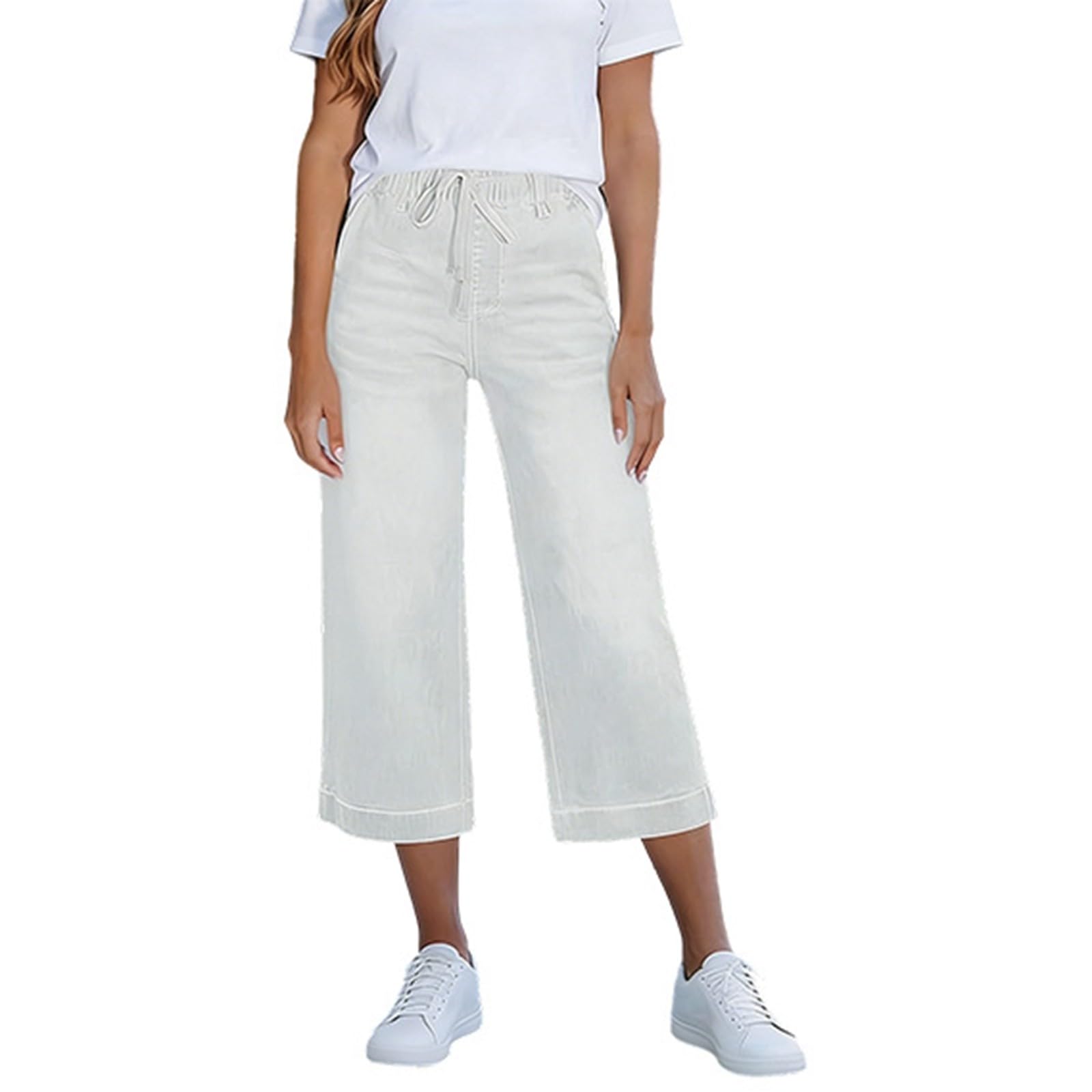 Generisch Jean droit pour femme, jambe large, avec élastique, streetwear, coupe droite, taille haute, pour l'été, léger, extensible, coupe ample, pantalon de loisirs, couleur unie