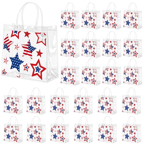 Renbuzhu 25PCS 4th of July Patriotic Gift Bags 8 x 8 x 3Inches: Clear PVC Plastic Treat Bags With Handles Independence Day 250th Anniversary Memorial Day Party Supplies