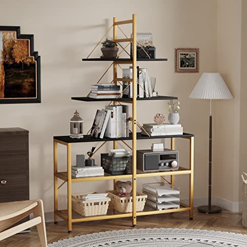 Yaohuoo 65.7" Modern Bookshelf, 5 Tier Suspension Bridge Design Tall Bookcase, A Frame Ladder Shelf With Open Display Shelf And Metal Frame For Bedroom,Home Office (Gold) #TOP1