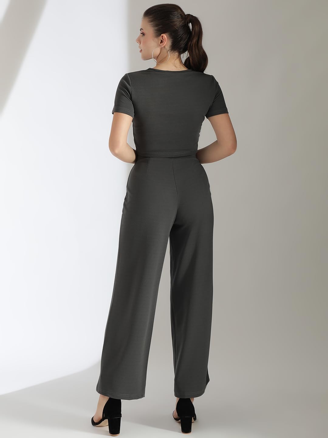 Kotty Women's Crop Top With Wide Leg Trousers(Grey,Xl)