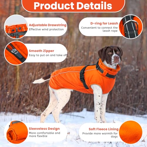 Lelepet Large Dog Coat With Harness - Warm Waterproof Fleece Jacket, Winter Reflective Vest Snow Suit for French Bulldog Orange L - Image 2