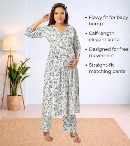 Image of Momenta Women's Pure Cotton Maternity Kurta Set | Feeding Kurti with Concealed Zippers | Maternity Dress for Pre & Post Pregnancy