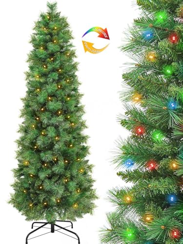 Dual Color Change&Timer 6Ft Portland Pine Prelit Pencil Christmas Tree, 200 Warm White&Colored Lights 8 Modes, 563 Thick Canyon Pine Classics Branch, Slim Artificial Christmas Tree Home Xmas Decor