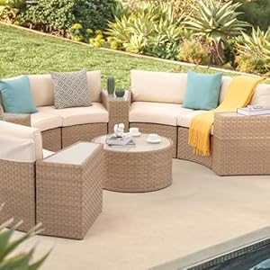 Sunsittoutdoorsectionalset11piecehalfmoonpatiofurniturenaturalcolorwickersofacreamywhitecushionswith4sidetableand4pillows Urban Country Home Decor Sunsitt outdoor sectional set 11 piece half moon patio furniture natural color wicker sofa creamy white cushions with 4 side table and 4 pillows urban country home decor