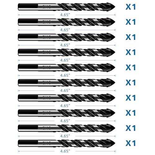 10-Piece 5/16“ Masonry Drill Bits for Tile Glass Ceramic Wall Brick Stone Soft-Metal Wood, 5/16 Inch Concrete Drill Bits Cement Drill Bit Set, 3-Flat Shank, YG8 Carbide Tungsten Steel Alloy Tip 8mm