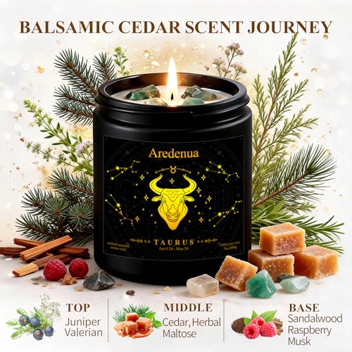 Image of Taurus Zodiac Candles with Aventurine Crystals, Balsamic Cedar Scent | Astrology Taurus Birthday Gifts for Women Men, Black Gift Box, 7 oz Soy Candle, 50 Hour Burn Time, Black Jar