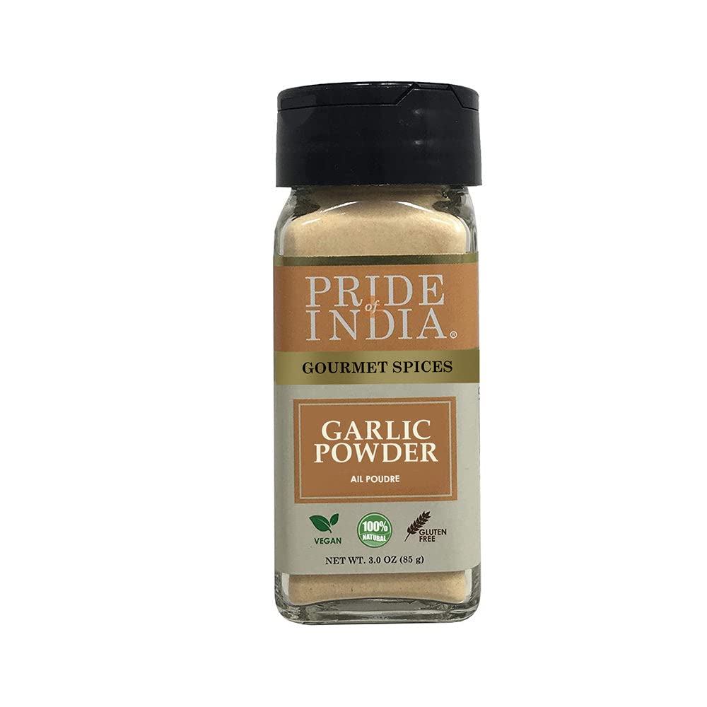 Pride Of IndiaGarlic Fine Ground – Gourmet & Culinary Grade – Classic Seasoning to Pasta/Sauces/Dips/Bakes – Easy to Use – 3 Oz. Small Dual Sifter Bottle
