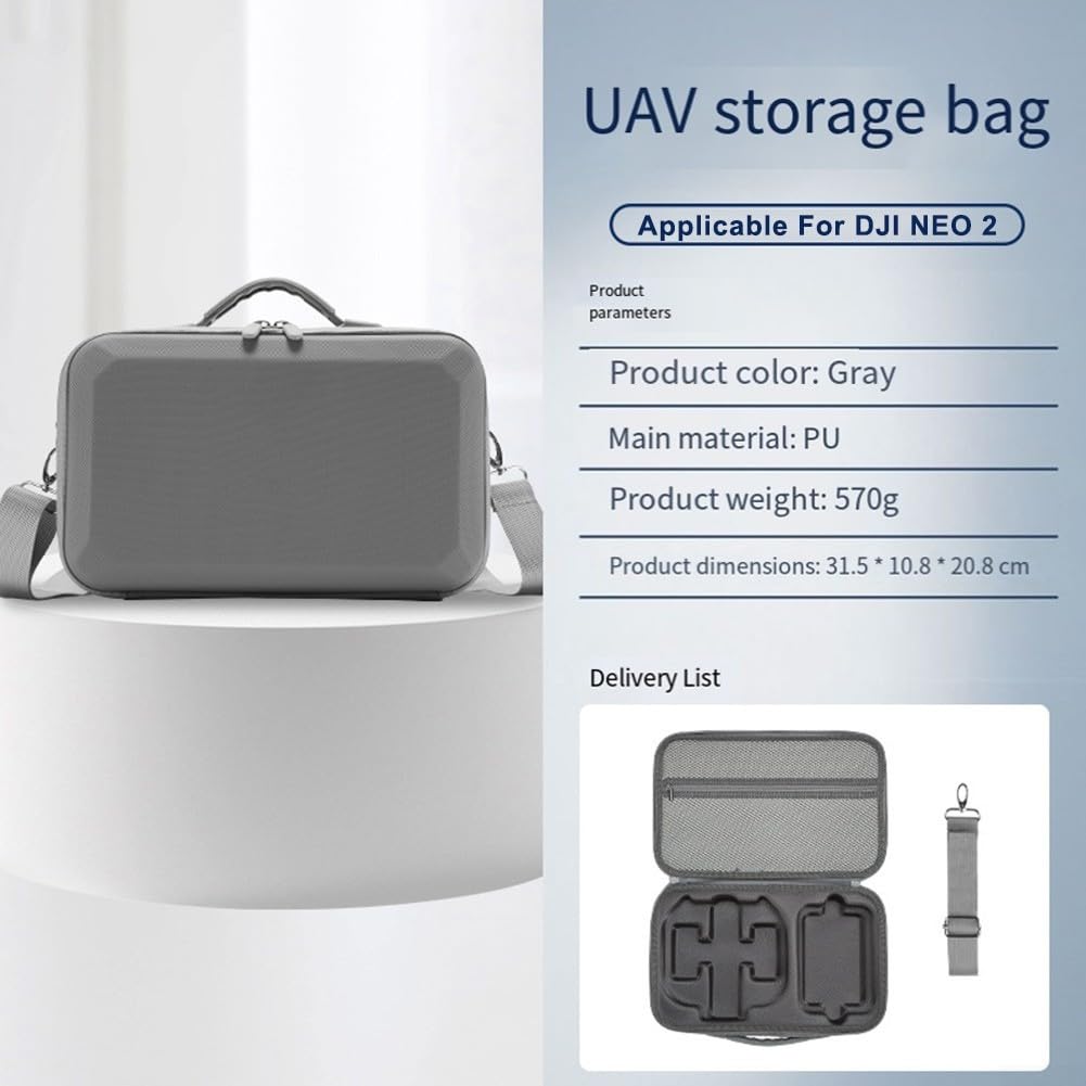 Borsa per accessori per droni, 31,5 x 10,8 x 20,8 cm, elegante custodia grigia in PU con scomparto multifunzionale per DJI NEO 2 Crossbody design