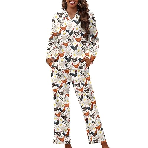 Women Long Sleeve Sleepwear Button Up Shirt and Pant Pajama Set Soft Breathable Nightwear with Pockets